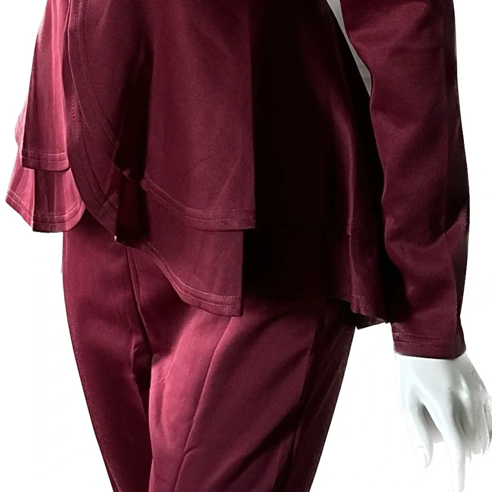 Burgundy Peplum Blazer and Slim Fit Trousers Pant‎ Suit Set 2 Piece Maroon